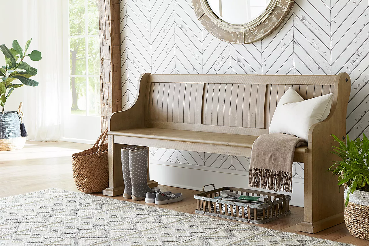 Blue Ridge Bench in Dovetail Grey in a room scene.